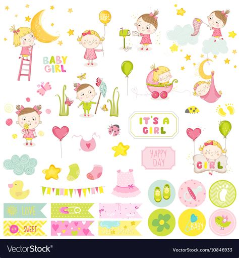 Cute Baby Girl Scrapbook Set Stickers Notes Vector Image