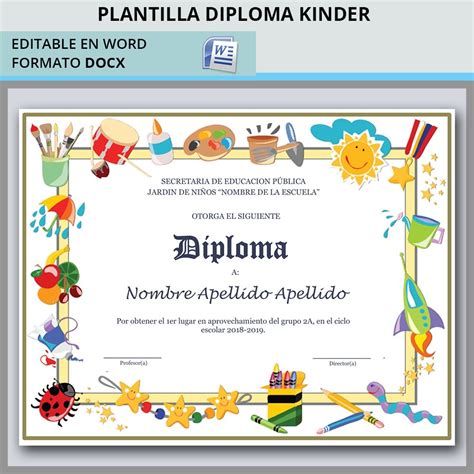 Plantilla Diploma Kinder Jardín De Niños Editable Word 3900 En