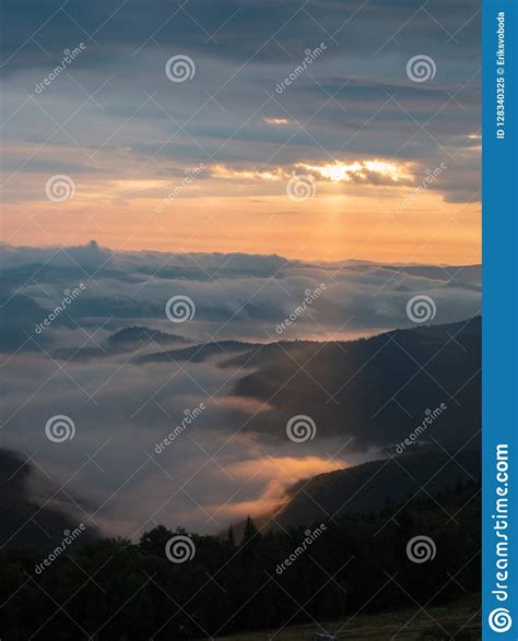 Landscape Of Sunset In August Carpathians Mountains At Summer West