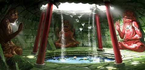 Body Of Water Illustration Temple Pond Fantasy Art Hd Wallpaper