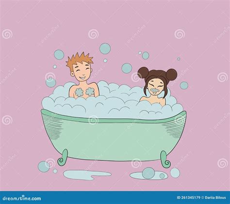 Young Guy With A Girl Sit In A Bath With Foam And Bubbles Laugh They Are Happy And Enjoy