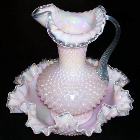 Fenton Hobnail Pink Iridized Glass Tall Pitcher And Large Bowl Fenton Glassware Hobnail