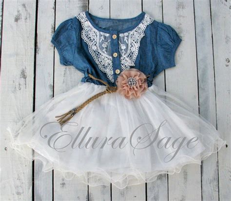 Denim Flower Girl Dress Navy White Toddler Girl Tutu Dress Vintage