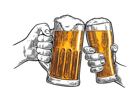 Two Hands Holding And Clinking With Two Beer Glasses Mug Stock Vector Illustration Of Drawn