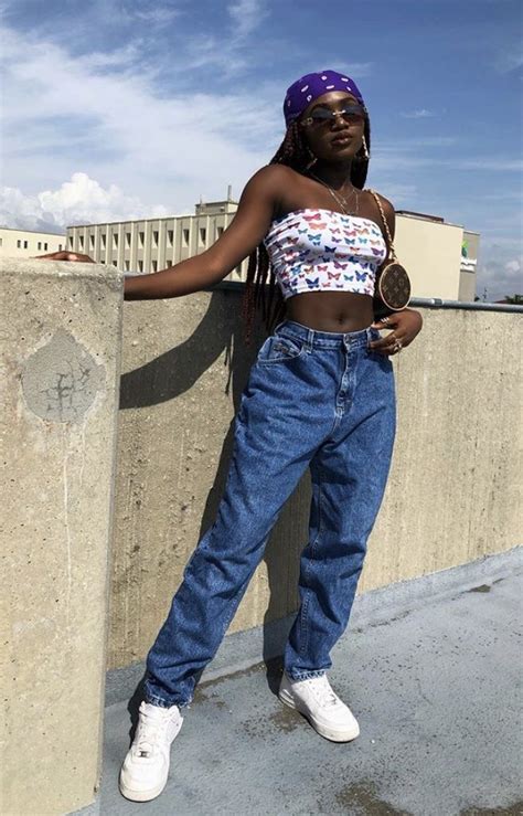 Black Girl Bandana Air Force 1s Mom Jean Outfit Tube Top Butterfly