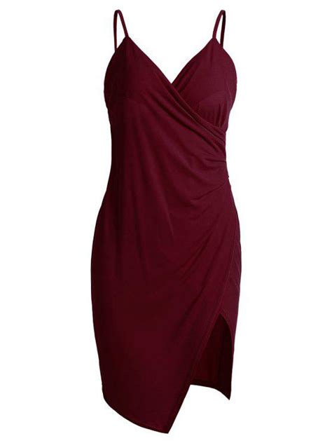 [35 off] 2021 spaghetti strap ruched asymmetric bodycon dress in wine red zaful