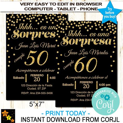 Spanish Birthday Surprise Invitation All Ages Black And Gold Etsy