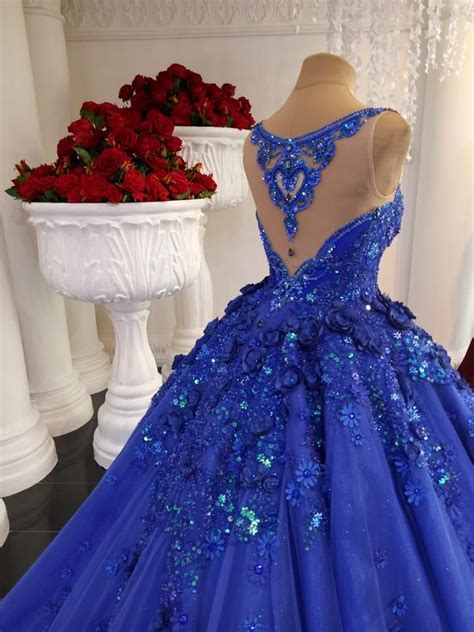 Royal Blue Ball Gown Prom Dresses 3d Floral Appliqued Lace Jewel Neck