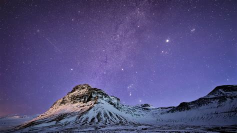 Snow Covered Mountain Under Purple Sky With Stars Hd Space Wallpapers