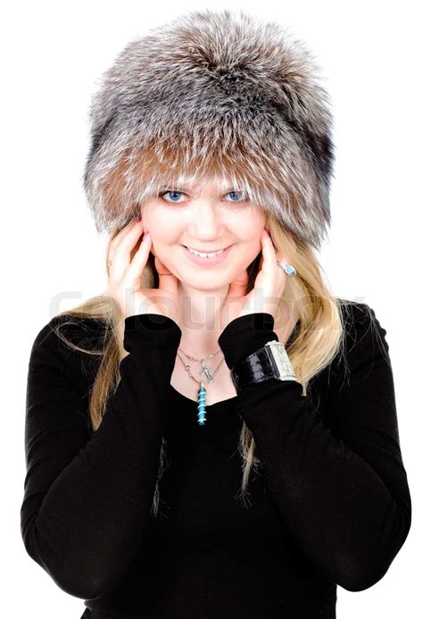 Blond Russische Frau In Pelzmütze Auf Weißem Hintergrund Stock Bild Colourbox