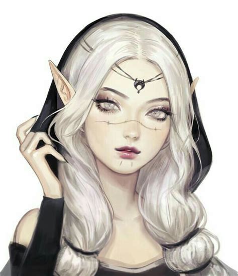 A Drawing Of A Woman With White Hair And Horns On Her Head Holding A