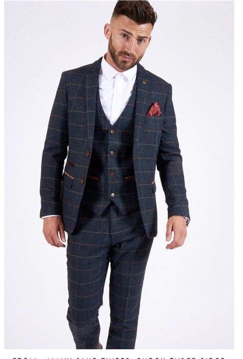 Eton Blue Tweed 3 Piece Mens Check Suits Navy Check Suit Mens Suits