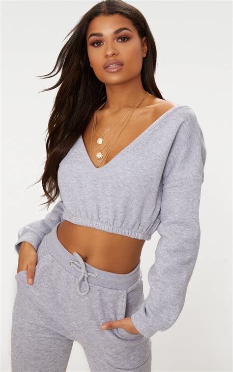 Grey Marl Crop Bardot Sweater Tops Prettylittlething Ie