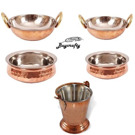 Buy Indian Copper Serveware 2 Handi Bowl 2 Kadai 1 Balti Bucket Vegetable Dinner Bowl For
