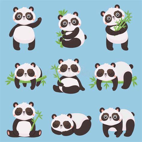 Cartoon Panda Kids Little Pandas Funny Animals With Bamboo And Cute