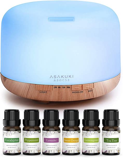 Asakuki Essential Oil Diffuser With Essential Oils Set 500ml Aromatherapy Diffuser With Top 6