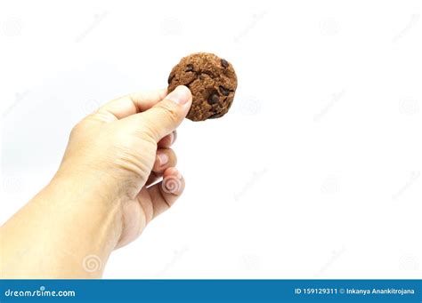 Hand Holding Cookie With Chocolate Chip Stock Image Image Of Crumbs