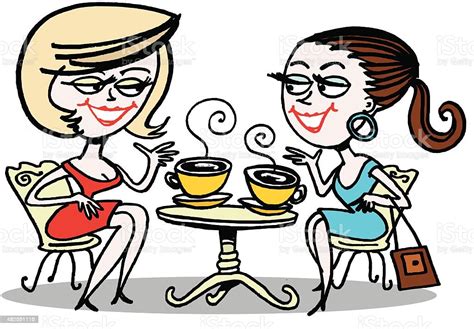 Vector Cartoon Of Two Women Chatting Over Coffee Stock Vector Art