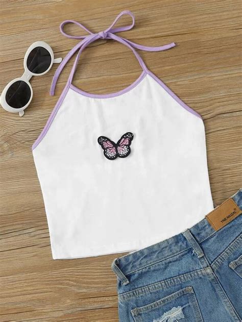 Butterfly Embroidery Crop Halter Top Tween Outfits Cute Casual