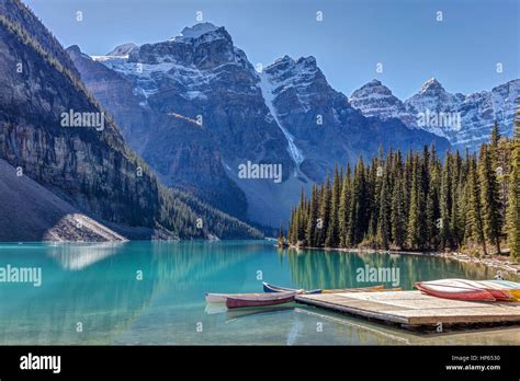 Moraine Lake Canoes Banff National Park Alberta Canada Stock Photo