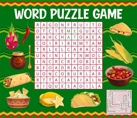 Mexican Food Word Search Puzzle Game Worksheet Stock Vector