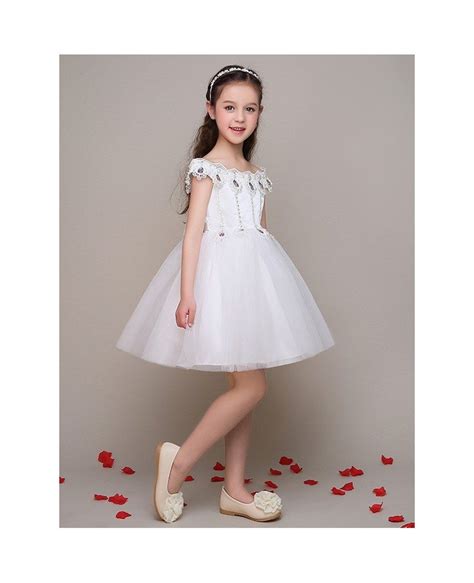 Cap Sleeve Tulle Lace Short Flower Girl Dress With Crystals Beading