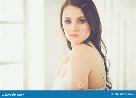 Beautiful Brunette Lying On Bed At Home Stock Image Image Of Elegance