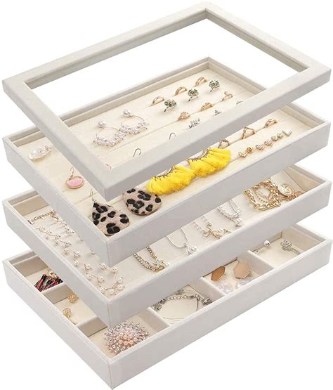 Merek Stackable White Velvet Jewelry Trays Organizer Set With Clear Lid