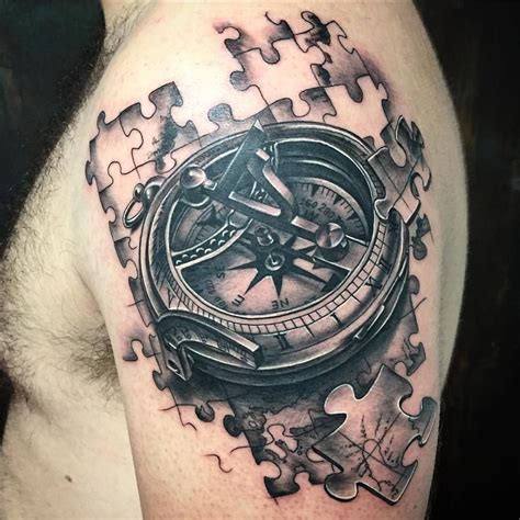 Realistic Compass With Jigsaw Pieces In Black And Gray Half Sleeve