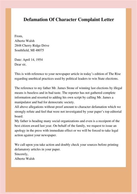 Sample Complaint Letter For Defamation Of Character Template