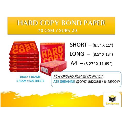 Hard Copy Bond Paper Substance 20 Short A4 And Long 500 Sheets Ream 70gsm 5 Ream Per Order