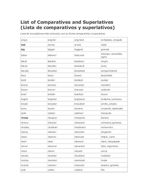 List Of Comparatives And Superlatives Comparativos Y Superlativos