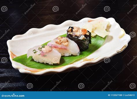 Angler Fish Sushi Stock Photo Image Of Plate Closeup 113267188