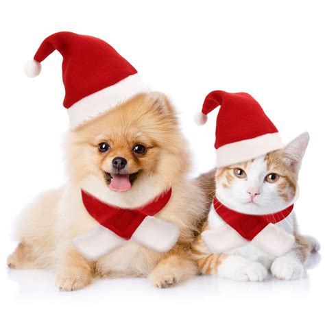 Syhood 4 Pieces Cat Christmas Hat With Muffler Puppy Dog Santa Hat Head