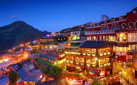 Jiufen Taipeh Nacht Stadt Lichter Taiwan 2880x1800 Hd