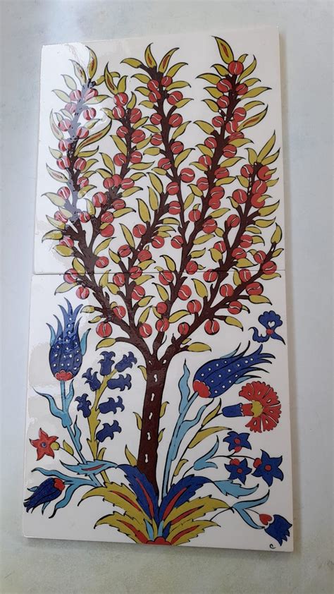 Handpainted Iznik Ceramic Tile Wall Panel With Apple Tree Blossom