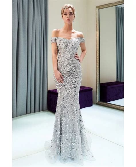 luxury sparkly silver mermaid long prom dress with off shoulder straps f014