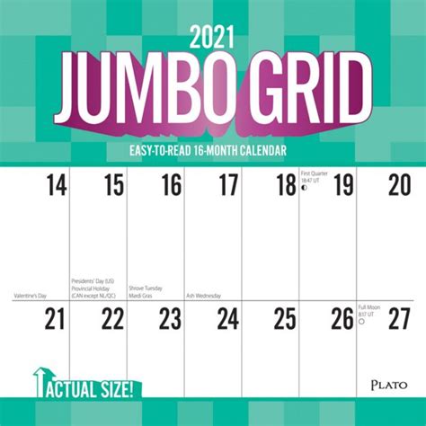 Jumbo Grid Large Print 2021 Square Wall Calendar By Plato Plato Calendars