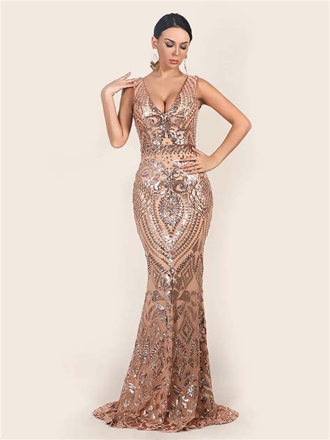 Missord Plunging Neck Fishtail Sequin Prom Dress S Gold In Long Sequin Dress Maxi