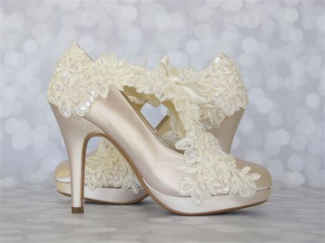 Ivory Platform Wedding Shoes With Lace Overlay And Sash To Tie