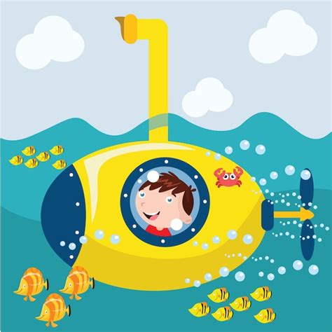 Premium Vector | Kids ride submarine cartoon illustration