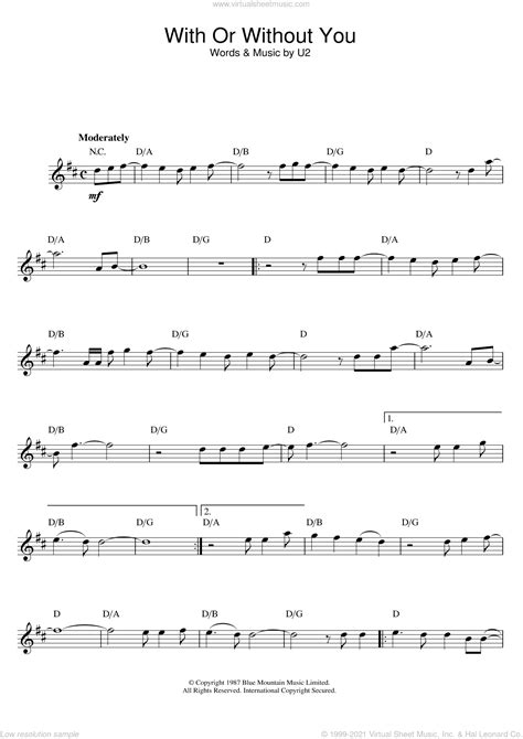 U2 With Or Without You Sheet Music For Flute Solo Pdf
