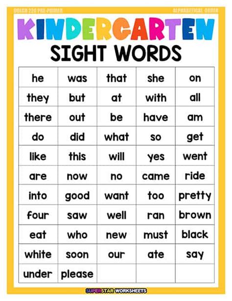Kindergarten Dolch Sight Word List Printable