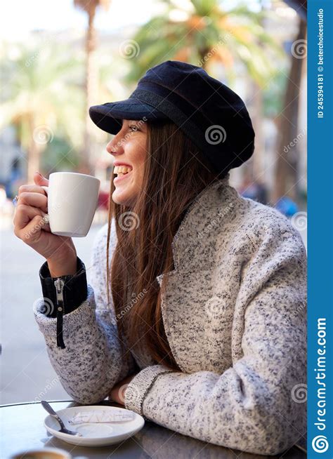 Cheerful Young Woman In Street Cafe Stock Image Image Of Coat Drink 245394181