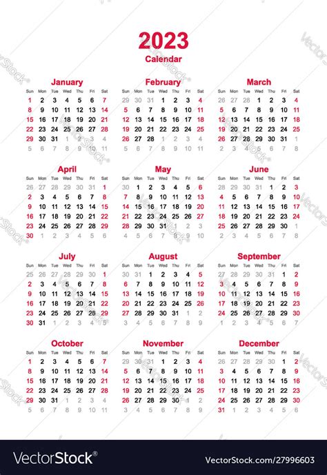 Calendar 2023 12 Months Yearly Royalty Free Vector Image