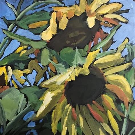 An Oil Painting Of Sunflowers Against A Blue Sky