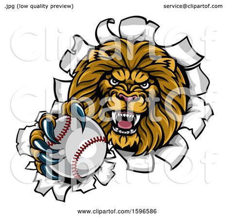 Clipart Of A Tough Lion Sports Mascot Holding Out A Baseball And