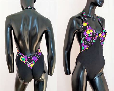 90s Bathing Suit Black And Neon Floral Print Swimsuit Etsy