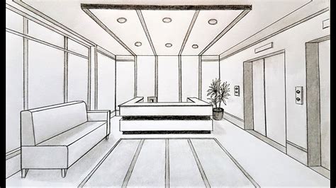 How To Draw In One Point Perspective A Reception Room Youtube