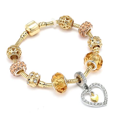Gold Color Heart Love Dangle Charm Bracelet For Women Gold Crystal Ball